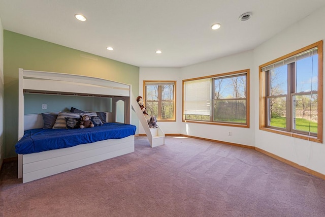 bedroom with carpet flooring, recessed lighting, and baseboards