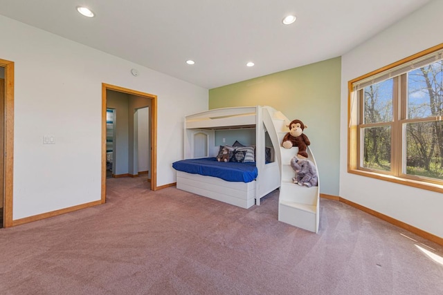 carpeted bedroom with baseboards and recessed lighting