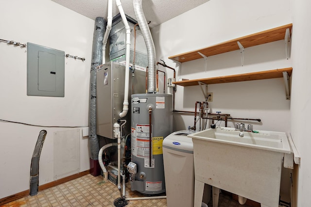 utilities featuring water heater, a sink, and electric panel