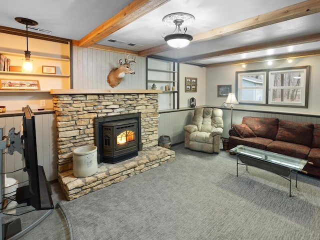 15015 Vermillion Cir NE, Andover, MN 55304 - carpeted living area with beam ceiling and wooden walls