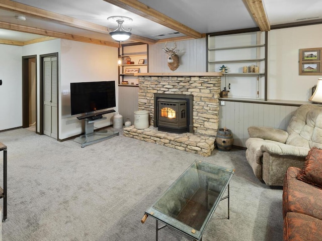 15015 Vermillion Cir NE, Andover, MN 55304 - living room featuring beamed ceiling, carpet floors, and crown molding