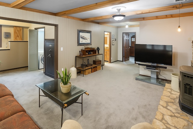 15015 Vermillion Cir NE, Ham Lake, MN 55304 - living area featuring beam ceiling, washer / clothes dryer, and light carpet