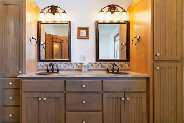 full bath featuring a sink, double vanity, and backsplash