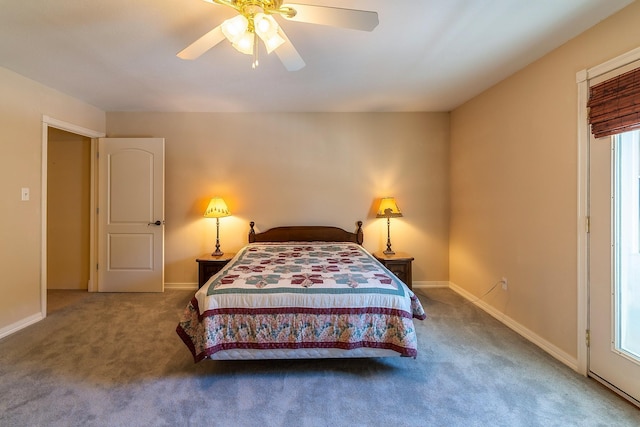 bedroom featuring carpet floors, ceiling fan, and baseboards