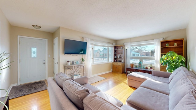 living area with baseboards and wood finished floors