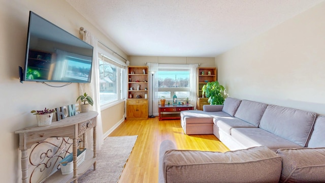 living room featuring light wood-style floors, baseboards, and a textured ceiling