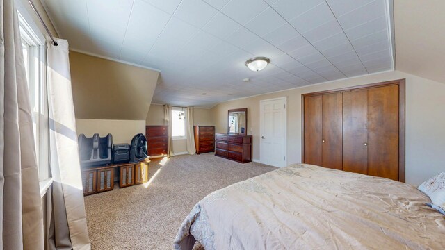 bedroom with vaulted ceiling and carpet flooring