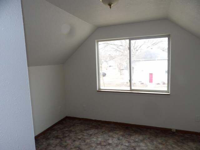 additional living space with carpet floors, lofted ceiling, and baseboards