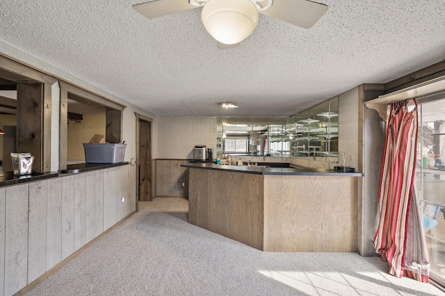 kitchen with carpet, a wainscoted wall, ceiling fan, wood walls, and a textured ceiling