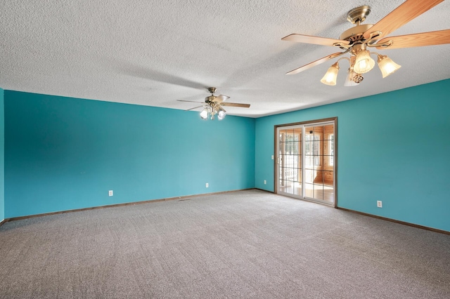 unfurnished room with a textured ceiling, baseboards, carpet, and ceiling fan