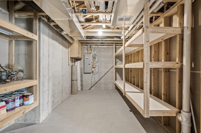 unfinished basement featuring electric panel and visible vents