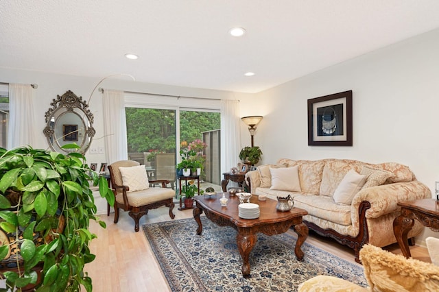 living room with wood finished floors and recessed lighting