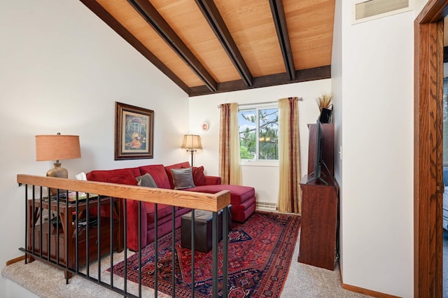 interior space with visible vents, baseboards, wood ceiling, vaulted ceiling with beams, and carpet floors