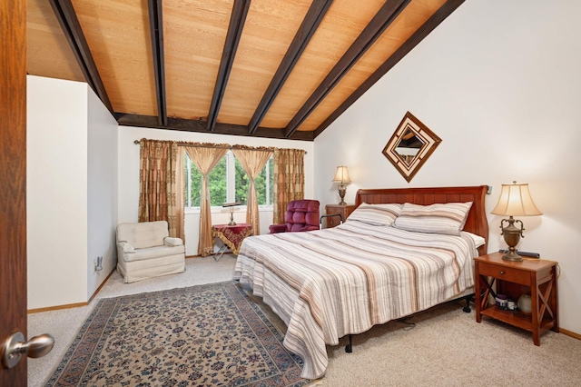 bedroom with wood ceiling, carpet flooring, lofted ceiling with beams, and baseboards