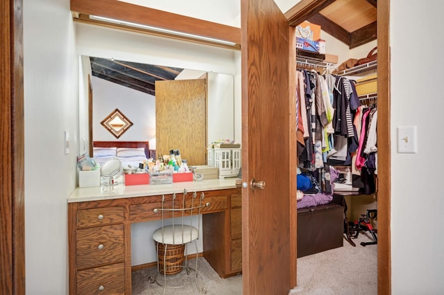 interior space with a walk in closet and vanity