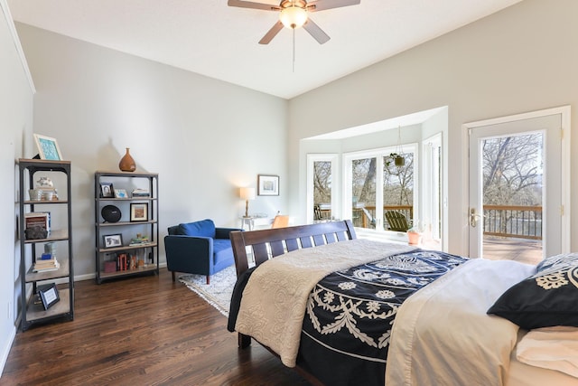 bedroom featuring baseboards, wood finished floors, ceiling fan, and access to outside