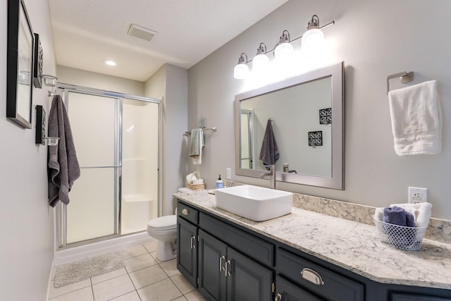 bathroom featuring tile patterned floors, visible vents, toilet, a shower stall, and vanity