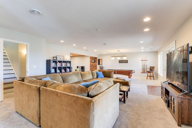 living area featuring recessed lighting, light colored carpet, stairway, and billiards