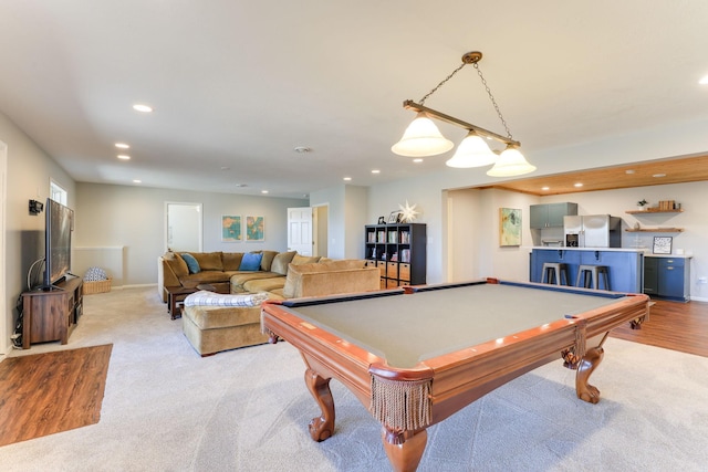 game room featuring billiards, recessed lighting, light colored carpet, and indoor bar