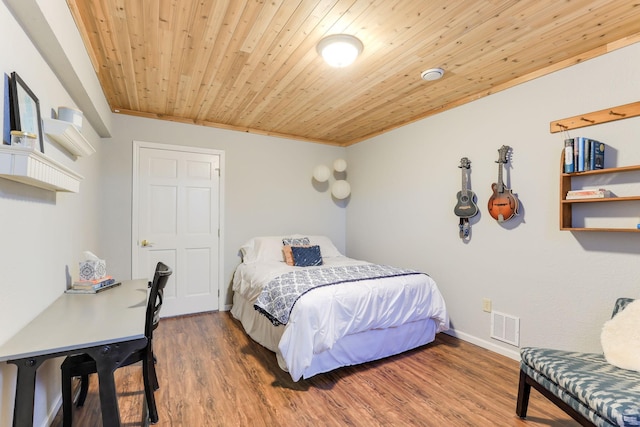 bedroom with visible vents, wood ceiling, baseboards, and wood finished floors