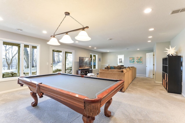 rec room with light carpet, visible vents, recessed lighting, and baseboards