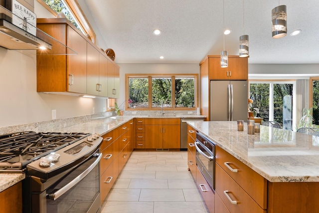 1950 Park Ridge Ct, Chaska, MN 55318 - kitchen with appliances with stainless steel finishes, a sink, plenty of natural light, brown cabinets, and recessed lighting