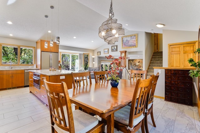 1950 Park Ridge Ct, Chaska, MN 55318 - dining room featuring lofted ceiling, plenty of natural light, stairway, and recessed lighting