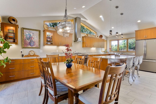 1950 Park Ridge Ct, Chaska, MN 55318 - dining room featuring recessed lighting, light marble finish flooring, and high vaulted ceiling