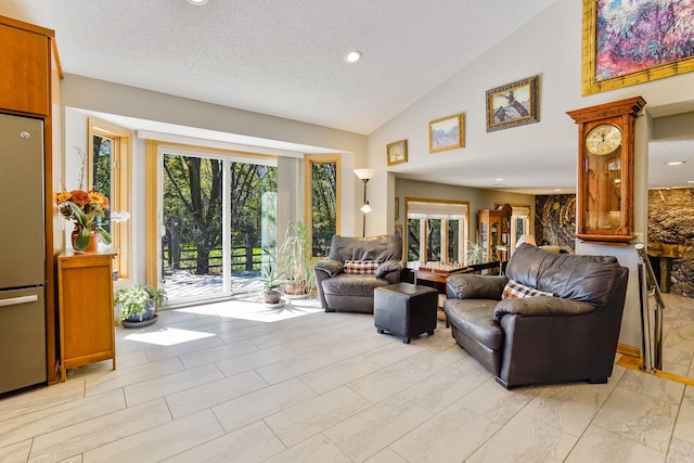 1950 Park Ridge Ct, Chaska, MN 55318 - living area featuring a textured ceiling, recessed lighting, and high vaulted ceiling