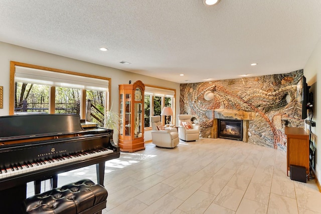1950 Park Ridge Ct, Chaska, MN 55318 - sitting room featuring healthy amount of natural light, a fireplace, a textured ceiling, and recessed lighting