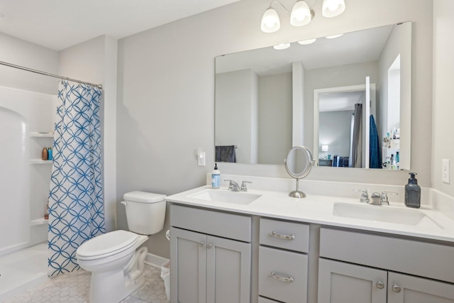 12273 71st Ct NE, Otsego, MN 55330 - bathroom featuring toilet, double vanity, curtained shower, and tile patterned flooring