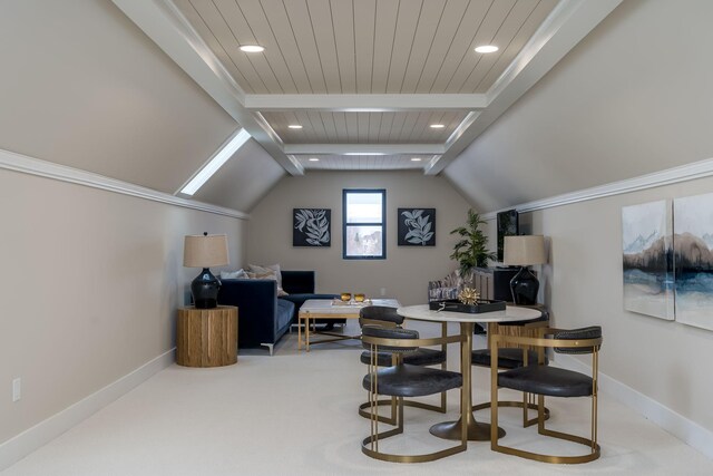 carpeted dining room featuring vaulted ceiling with beams, recessed lighting, and baseboards