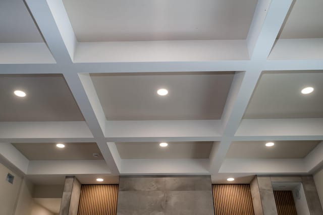 interior details with beamed ceiling, recessed lighting, and coffered ceiling