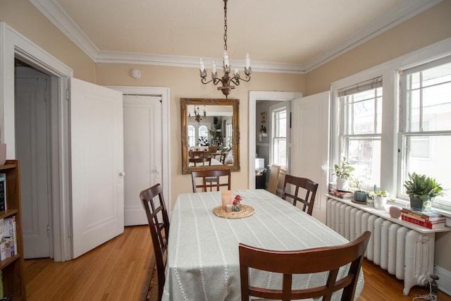 dining room featuring light wood-style floors, radiator heating unit, crown molding, and an inviting chandelier