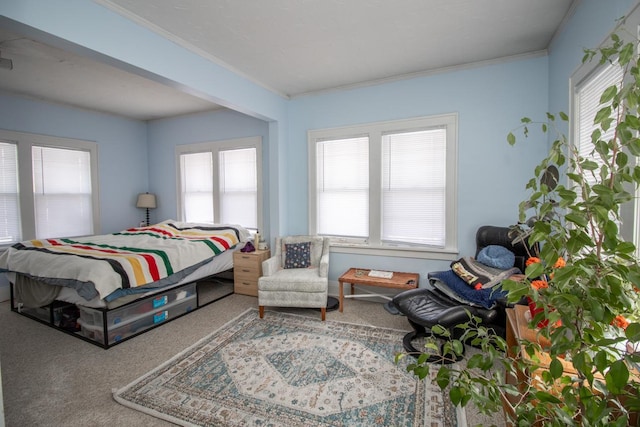 bedroom with ornamental molding and carpet flooring