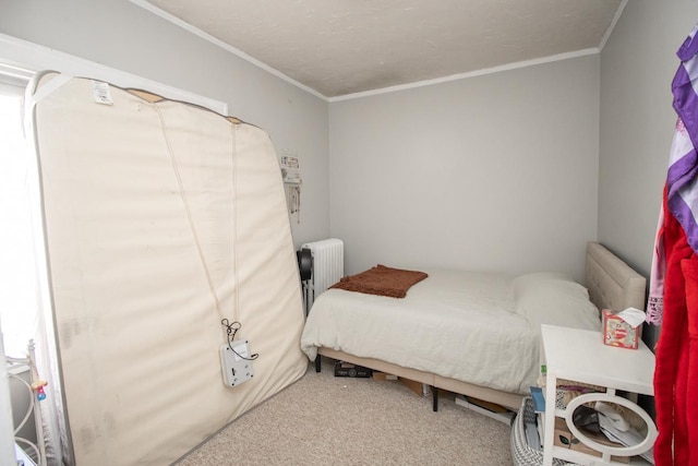 bedroom featuring radiator, carpet, and crown molding
