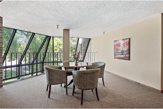 carpeted dining area featuring a wall of windows, baseboards, and a textured ceiling