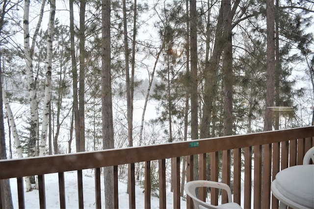 view of snow covered deck