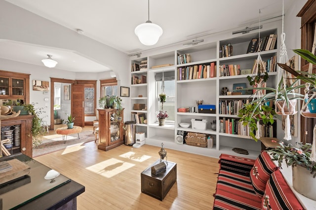 living room featuring arched walkways and wood finished floors