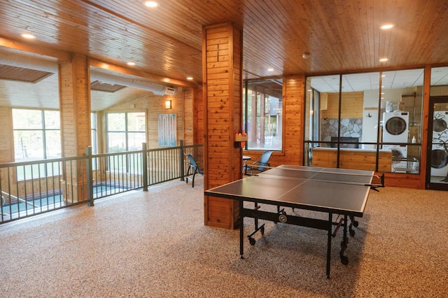 rec room with wood ceiling, wooden walls, vaulted ceiling, and recessed lighting