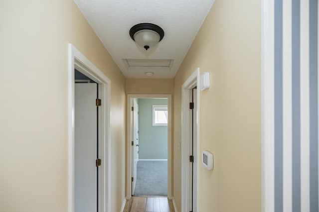 hallway featuring light wood-type flooring, baseboards, and a textured ceiling