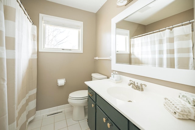 full bath featuring vanity, baseboards, visible vents, tile patterned floors, and toilet