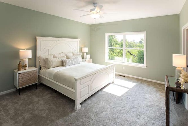 carpeted bedroom featuring a ceiling fan and baseboards