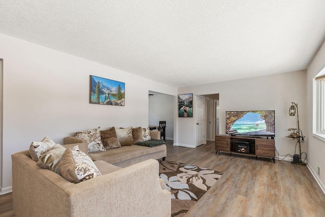 living area with a textured ceiling, baseboards, and wood finished floors