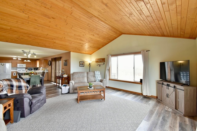 living area featuring lofted ceiling, light wood-style floors, and wooden ceiling