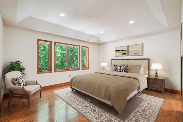 15436 70th Ave N, Maple Grove, MN 55311 - bedroom with a tray ceiling, baseboards, wood finished floors, and recessed lighting