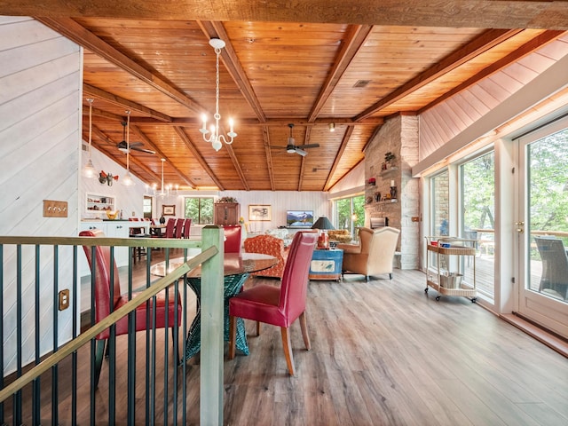 2904 Le Homme Dieu Vw NE, Alexandria, MN 56308 - dining space with wood ceiling, ceiling fan, a chandelier, plenty of natural light, and wood finished floors
