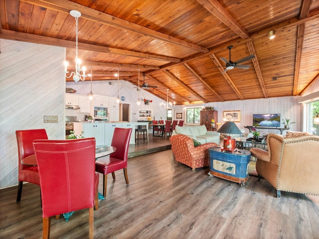 2904 Le Homme Dieu Vw NE, Alexandria, MN 56308 - living area with a ceiling fan, wooden ceiling, a chandelier, wood finished floors, and wooden walls
