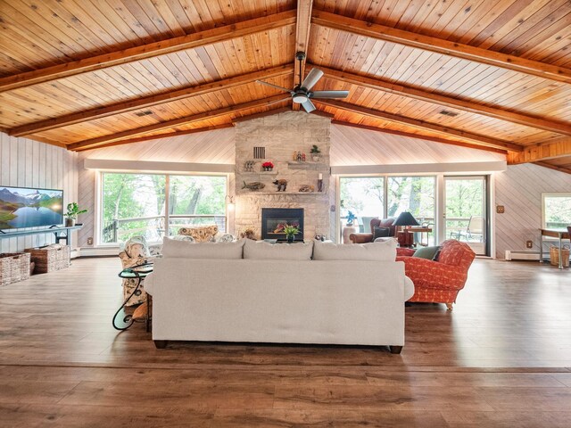 2904 Le Homme Dieu Vw NE, Alexandria, MN 56308 - living room featuring a ceiling fan, a fireplace, wooden walls, a baseboard heating unit, and beamed ceiling