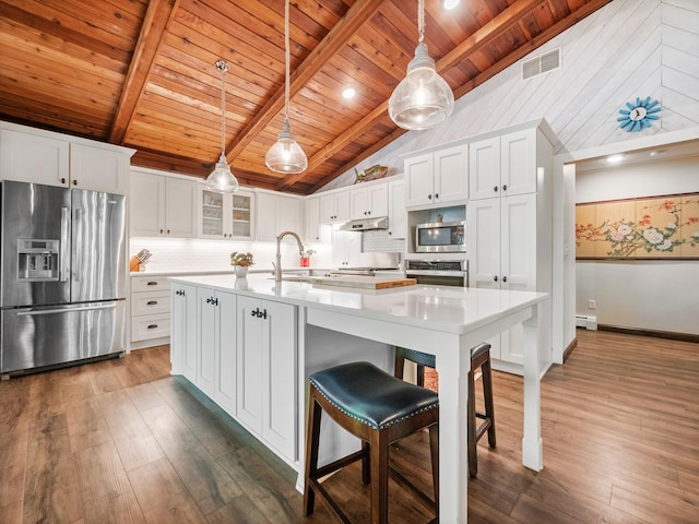 2904 Le Homme Dieu Vw NE, Alexandria, MN 56308 - kitchen featuring appliances with stainless steel finishes, wood ceiling, white cabinets, dark wood-type flooring, and backsplash